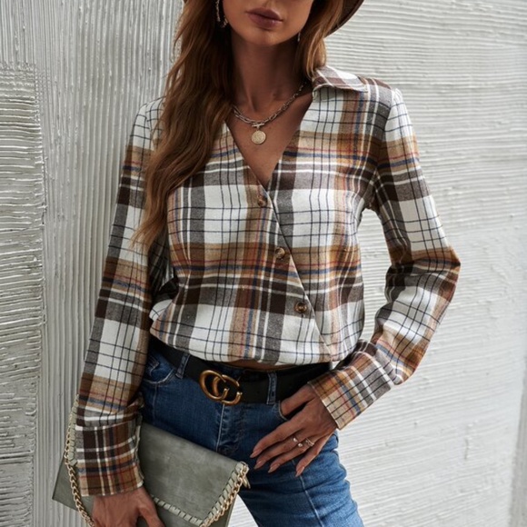 BellanBlue Tops - White Brown Plaid Button V neck Top